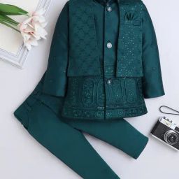 Fourfolds Kids Dark Green Embroidery Three Piece Suit Set-picture-7