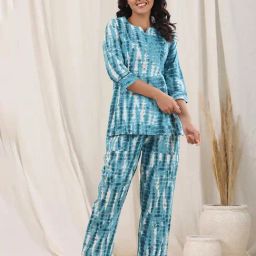 Rain and Rainbow Turquoise Cotton Tie-Dye Top With Pyjamas-image-3