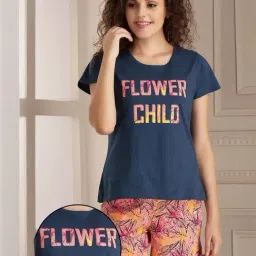 Clovia Navy & Peach Printed Top & Shorts Set-image-94