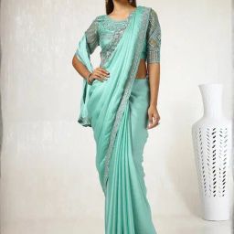 Soch Turquoise Embroidered Saree With Unstitched Blouse-image-75