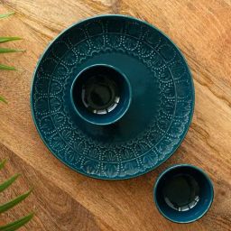 ExclusiveLane Teal Forest Dark Teal Ceramic Hand Glazed 3Pcs Dinner Set-image-43