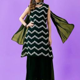PARROT CREATION Embroidered Sequinned Round Neck Kurti with Sharara & Dupatta-image-78
