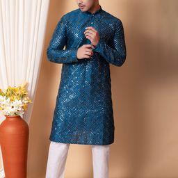 AHLAN APPARELS Ethnic Motifs Embroidered Sequinned Dupion Silk Kurta With Pyjamas image 5