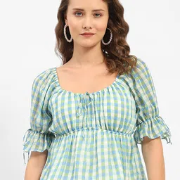 Madame Checked Bell Sleeve Cinched Waist Top-image-34