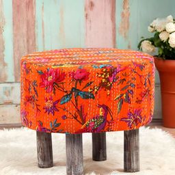 Ikiriya Orange & Blue Printed Wooden Cotton Round Ottoman-image-17