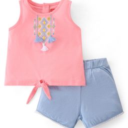 Babyhug 100% Cotton Knit Sleeveless Top & Shorts With Ikat Embroidery - Blue & Pink-image-117