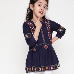 ISHTI Three Fourth Sleeves Mirror Work & Floral Embroidered Detailed Top - Navy Blue-image-81
