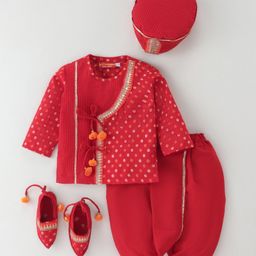 Exclusive from Jaipur Cotton Woven Full Sleeves Bhandhani PrintedKurta Dhoti Set with Lace DetailingMojaris & Cap-Red-image-36