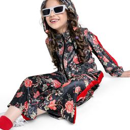 Ollington St. Woven Full Sleeves Floral Printed Winter Wear Hoodie & Culotte Pant Co-Ords Set-Charcol Grey & Red-image-92