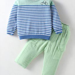 ToffyHouse Cotton Knit Full Sleeves Winter Wear Striped T-Shirt & Lounge Pant Set With Bicycle Embroidery - Sea Green & Blue-image-80