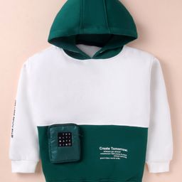 Little Kangaroos Fleece Knitted Full Sleeves Colour BlockHooded Jacket With Pocket Applique - Dark Green-image-3
