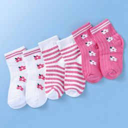 Doodle Poodle Cotton Knit Ankle Length Sockswith Floral Design Pack of 3- White & Pink-image-50
