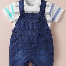 ToffyHouse Cotton Knit Dungarees with Half Sleeves Inner Tee with Stripes - Navy Blue-image-68