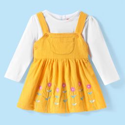 Babyhug Cotton Knit Frock With Full Sleeves Inner Tee & Floral Embroidery - Yellow & White-image-106