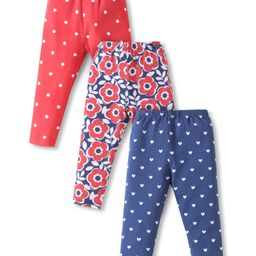 Babyhug Cotton Lycra Full Length Skinny Fit Leggings with Stretch Floral Heart & Polka Dot Print Pack of 3 - Navy & Red-image-87