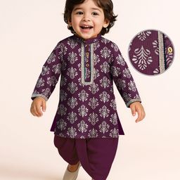 EARTHY TOUCH Single Jersey Knit Full Sleeves Dhoti Kurta Set with Floral Foil Print & Lace Detailing - Wine-image-72