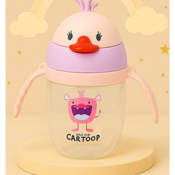 The Cheeky Kidzz Baby Premium Unbreakable Feeding Bottle Feeder 350ml Cute Duck Print With Twin Handles & Silicone Straw Sipper BPA Free (PINK)-4