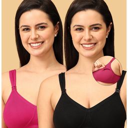 The Mom Store Pack Of 2 Sleeveless Solid Non Padded Nursing Bras - Black & Fuchsia-image-81