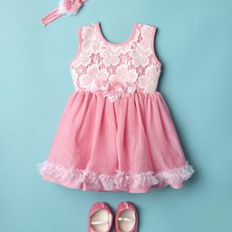 Enfance Sleeveless Floral Embroidered & Applique Knee Length Dress With Headband & Booties - Onion Pink-image-84