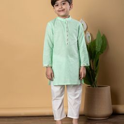 READIPRINT Cotton Full Sleeves Placket Floral Foil Printed Kurta Pyjama Set - Green-picture-12