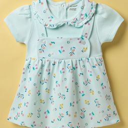 CUCUMBER Interlock Knit Half Sleeves Peter Pan Collar Frock With Floral Print - Turquoise-picture-0