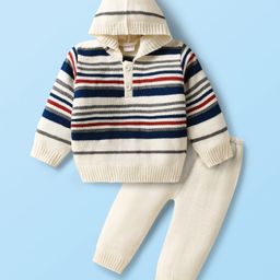 Babyhug Knitted Full Sleeves Striped Sweater Set With Hood - White & Navy Blue-image-70