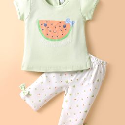 Tango Interlock Knit Half Sleeves T-Shirt & Capri Set With Text & Heart Print - Light Green & White-image-33