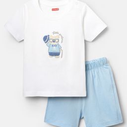 Babyhug Interlock Knit Half Sleeves T-Shirt & Shorts Set with Bear Embroidery - Light Blue & White-image-30