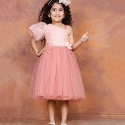 Toy Balloon Kids Net One Shoulder Half Puffed Sleeves Floral Applique Detailed Swiss Dot Designed Dress - Rose Pink-image-61