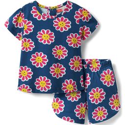 Babyhug Cotton Knit Half Sleeves Shorts Co-Ord Night Suit With Floral Print - Navy Blue-image-106