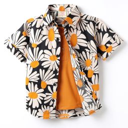 Rikidoos Half Sleeves Floral Printed Shirt With Attached Tee - Black & Orange-image-96