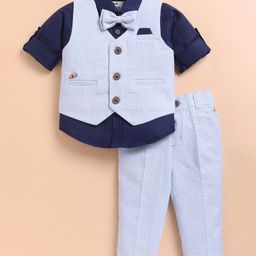 LITTLE COLLARS Cotton Full Sleeves Striped 3 Piece Party Suit Set With Bow - Blue-image-30