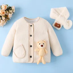 Mark & Mia Full Sleeves Fur Winter Jacket With Teddy Bear Applique & Muffler - Beige-picture-31