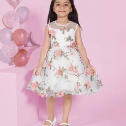 Ministitch Organza Woven Sleeveless Floral Applique Detailed Dress - Off White-image-87