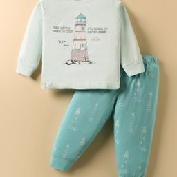 CUCUMBER Sinker Knit Full Sleeves Night Suit with Light House Print - Sea Green-picture-12