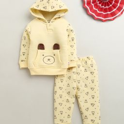 Bumzee Knit Full Sleeves Hooded Winter Wear Set With Kangaroo Pocket Bear Print & Applique - Yellow-picture-15
