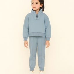 Aww Hunnie Terry Knit Full Sleeves Solid Sweatshirt & Joggers Set - Blue-picture-33