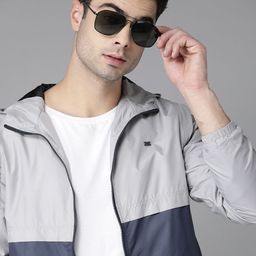 Roadster Men Navy Blue & Grey Colourblocked Hooded Tailored Jacket-image-13