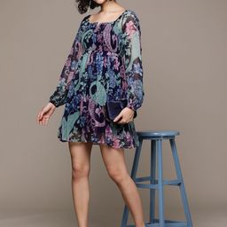 Label Ritu Kumar Ethnic Motifs Print Puff Sleeve Chiffon Smocked Fit & Flare Mini Dress-image-43