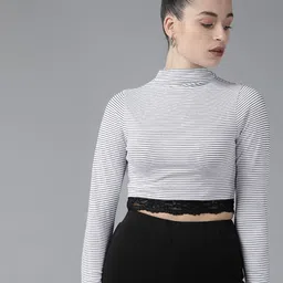KASSUALLY Women Black & White High Neck Pure Cotton Crop Top-image-90