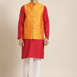 SOJANYA Men Red & White Solid Kurta with Churidar & Nehru Jacket-14