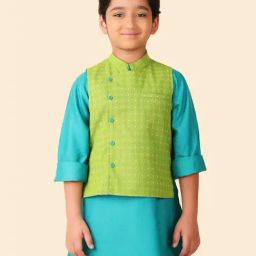 Fabindia Kids Green Printed Nehru Jacket-image-10