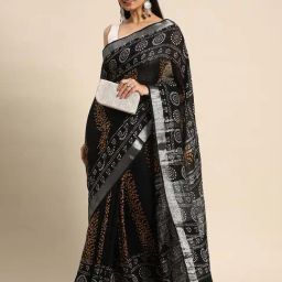 Kalyan Silks Black Linen Printed Saree With Unstitched Blouse-picture-1