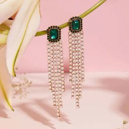 Zaveri Pearls Green Dazzling Stones & Austrian Diamonds Tassel Drop Earrings for Women-90
