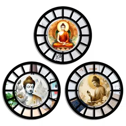 SEHAZ ARTWORKS Black & Yellow 3 Pieces Budhha Printed Wooden Wall Arts-picture-15