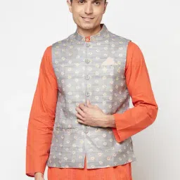 Fabindia Light Grey Sleeveless Mandarin Collar Nehru Jacket-picture-22