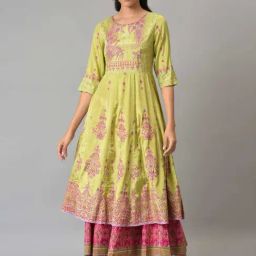 W Pista Green Printed A Line Kurta-image-23