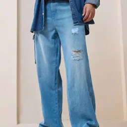 Bewakoof Blue Cotton Straight Fit Distressed Jeans-picture-43