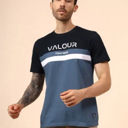 Cantabil Teal Blue Regular Fit Colour Block T-Shirt-image-5