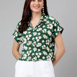 Latin Quarters Green & White Floral Print Crop Shirt-image-42